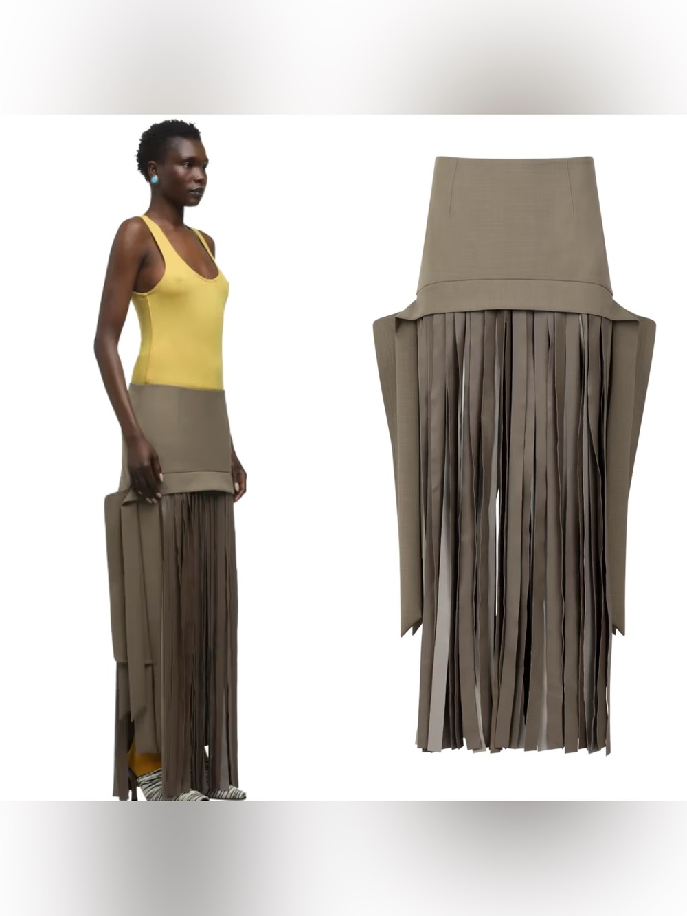 NWT Entire Studios RIBBON fringe SKIRT in “TOAST” khaki green LEATHER